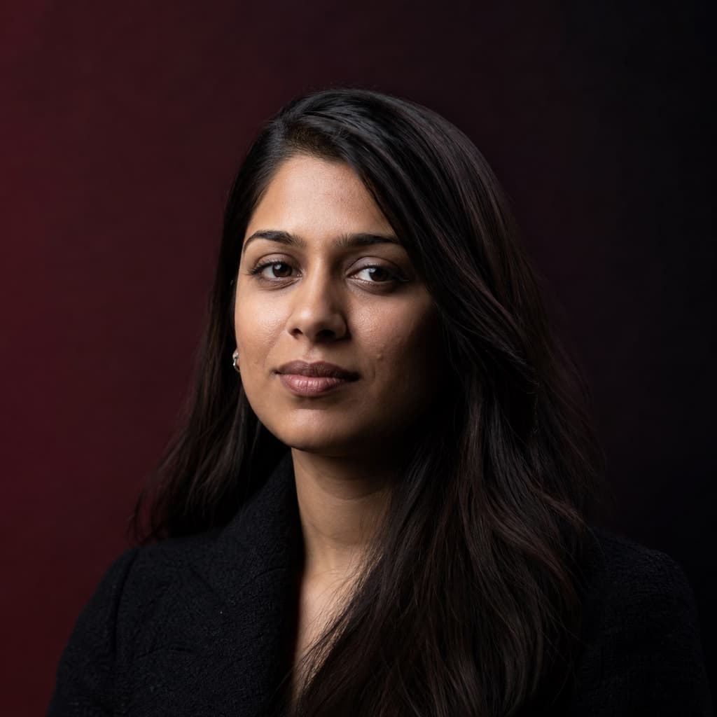 Portrait of Aisha Rahman, a freelance data analyst
